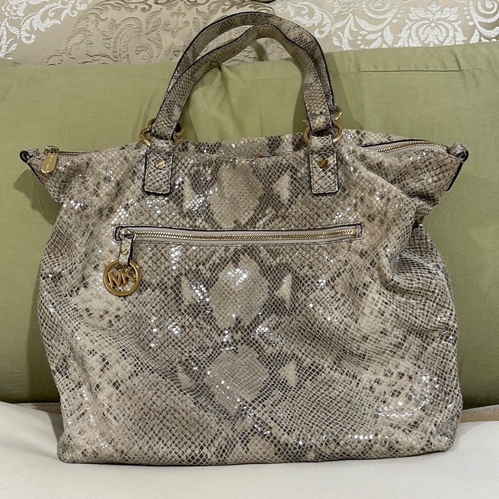 MICHAEL KORS FULTON GENUINE LEATHER SNAKESKIN SHINY SUEDED TOTE